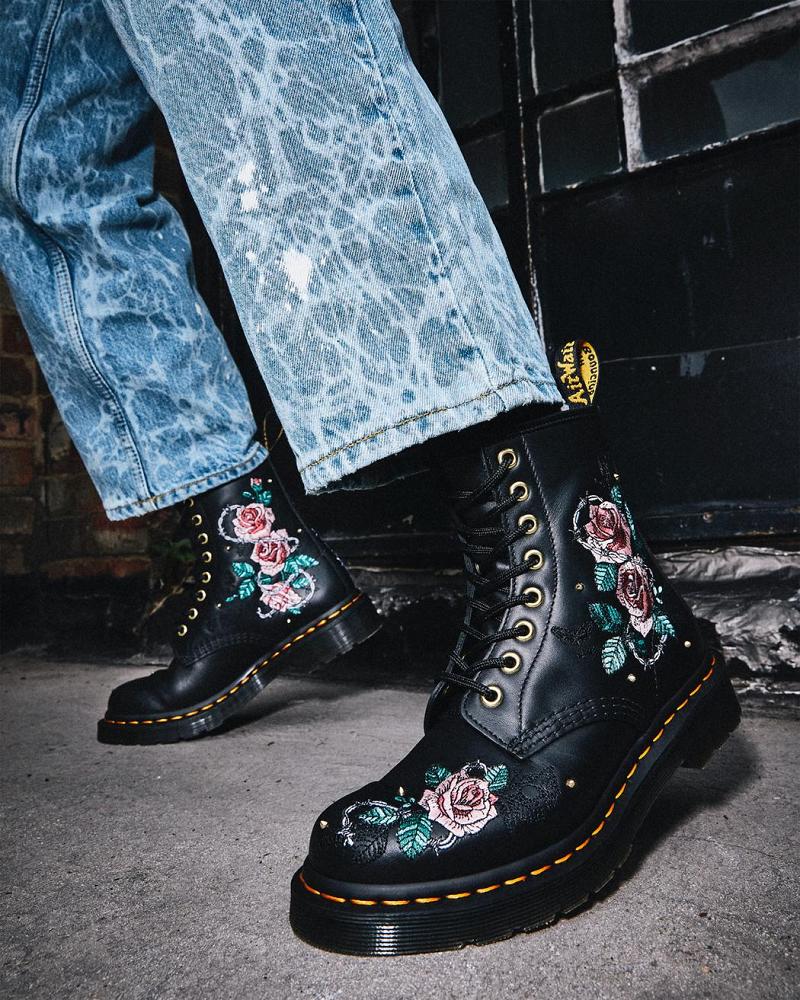 Black Women's Dr Martens 1460 Vonda Floral Leather Lace Up Boots | CA 214UZG